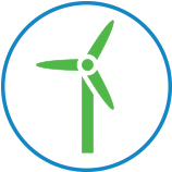 line drawing of blue circle with a green wind turbine representing the STEP Demo Integration With Renewables icon