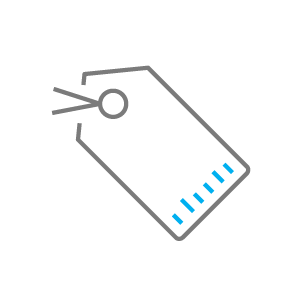 line drawing of product price tag shape with barcode representing commercialization icon