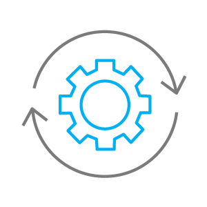 line drawing of blue gear cog with two arrows encircling representing the energy conversion icon