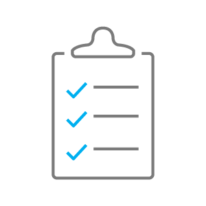 line drawing of clipboard shape with blue checkmarks representing the project management icon