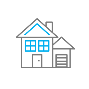 line drawing of two-story house with attached garage representing the residential icon