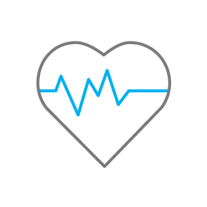 line drawing of heart shape with blue heart rate line representing benefits icon