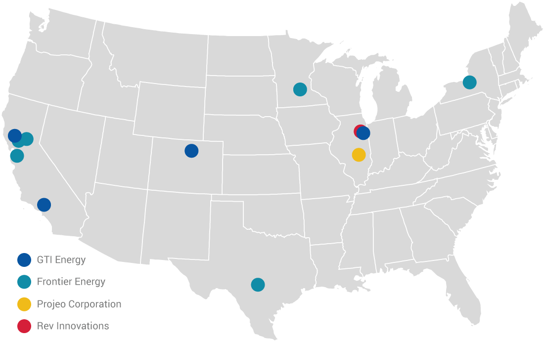 GTI Energy Office Subsidiary Locations Map with dots in Illinois, Minnesota, New York, Texas, Colorado, and California.