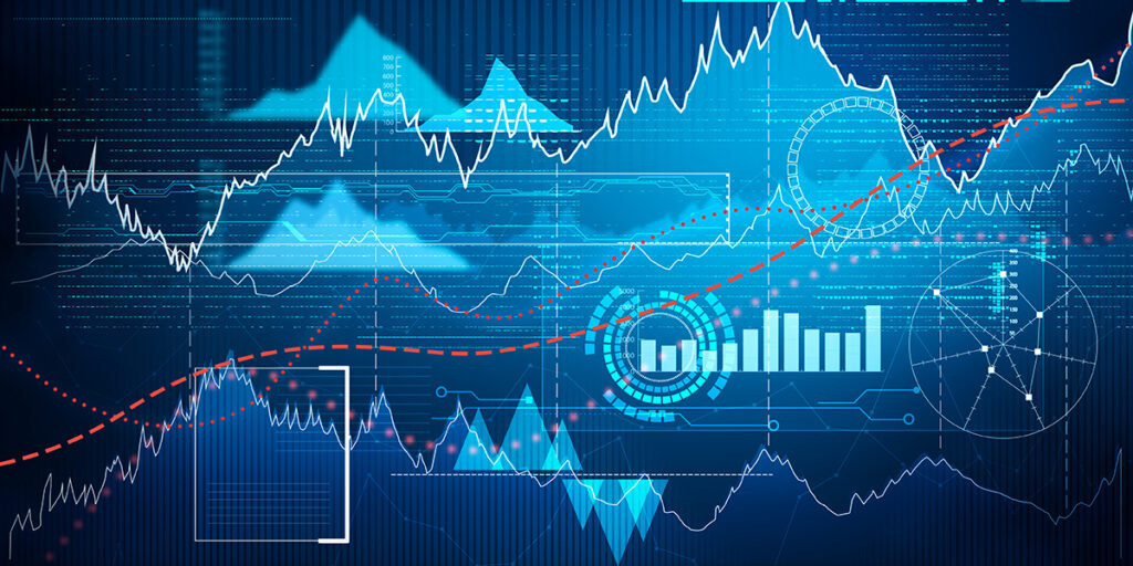 Abstract business interface with uptrend line graph, bar chart and diagram in bull market on dark blue background. Concept touch screen infographic.