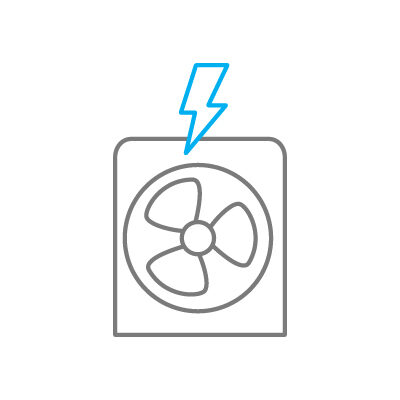 line drawing of air handling fan within an appliance with a electric bolt representing the energy efficiency icon