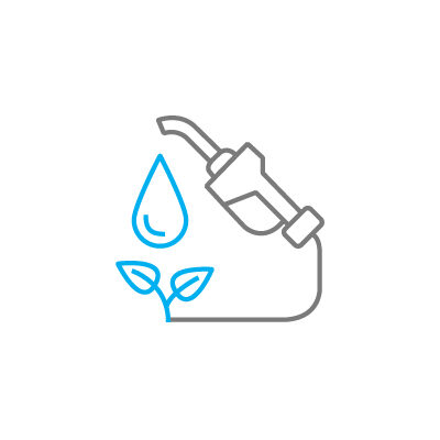 line drawing of gas pump nozzle and blue leaves representing the fuel diversity icon
