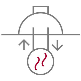 line drawing of geothermal equipment with a circle underground with red squiggly lines for heat representing the geothermal icon