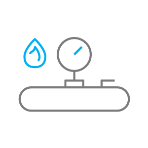 line drawing of fuel cylinder with pressure gauge and blue flame next to the gauge representing the fuel delivery icon