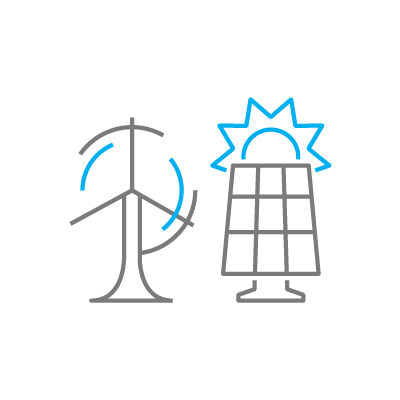 line drawing of wind turbine, solar panels and sun representing the renewables icon